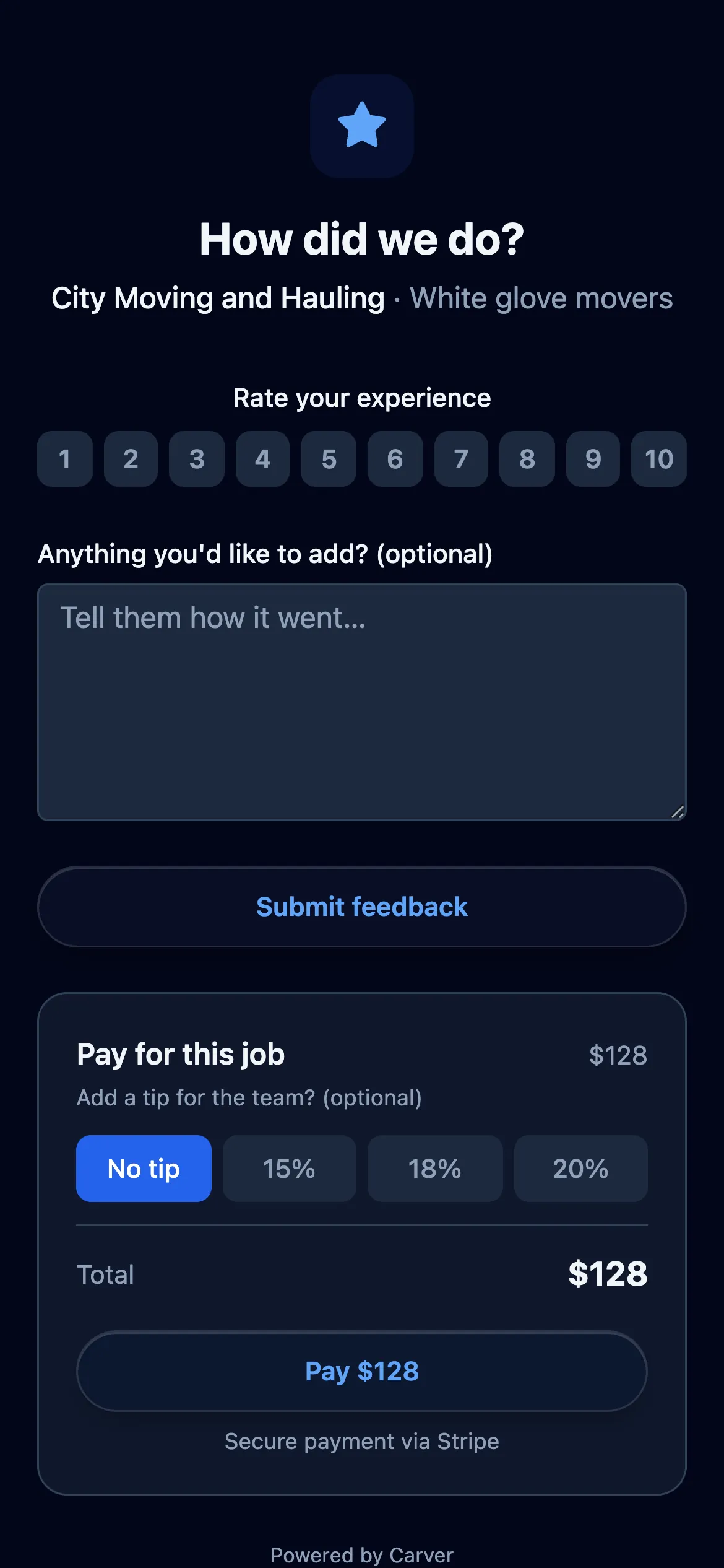 Rate, tip, pay