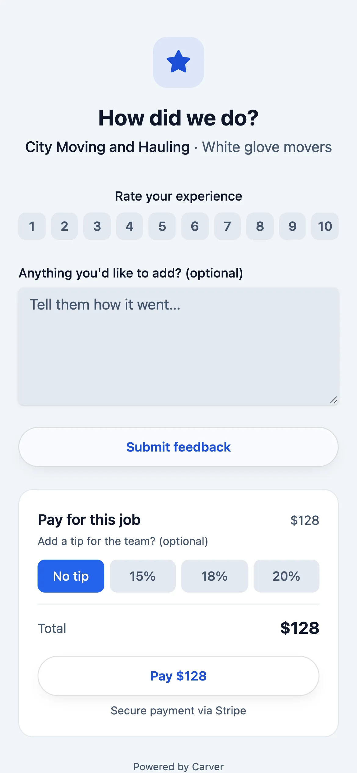 Rate, tip, pay